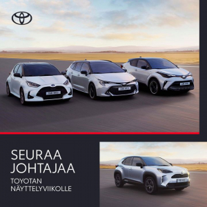 Seuraa johtajaa - Toyota on jälleen kerran Suomen myydyin automerkki. 
Kiitokset siitä kaikille asiakkaillemme. 
Nyt näyttelyetu...