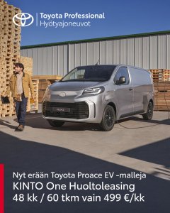 Nyt erään Toyota Proace EV -malleja edullinen KINTO One Huoltoleasing 48 kk / 60 tkm vain 499 €/kk alv 0%