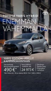Nyt uusi Yaris huippueduin, talvirenkaat erikoisvantein 490 euroa sekä edullinen rahoitus